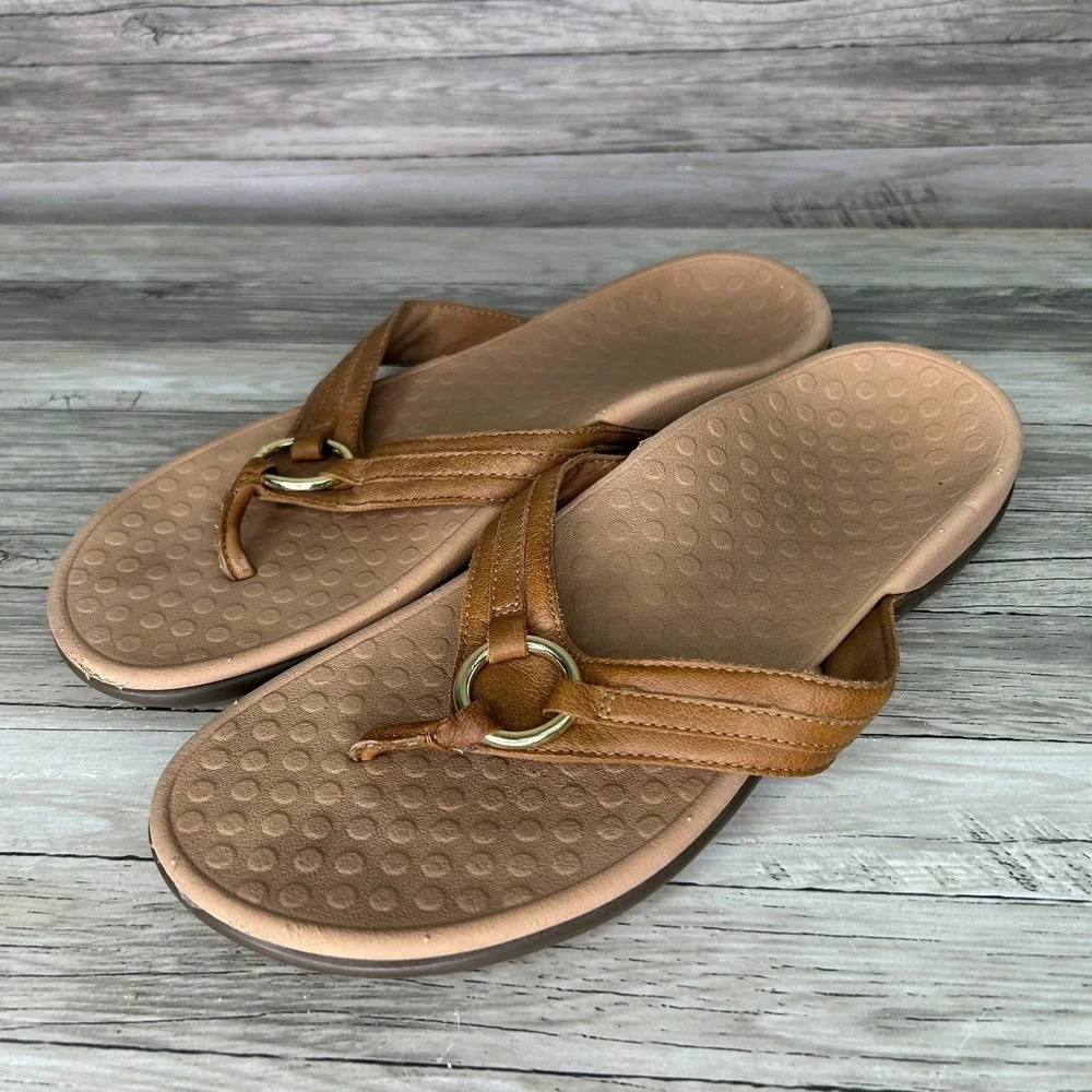 Vionic Womens Sandals Size 10 Tide Aloe Leather Thong Flip-Flops Brown - Picture 1 of 5